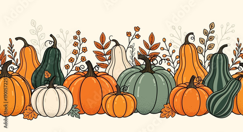 A charming illustration of a horizontal border featuring an assortment of autumn pumpkins and gourds in various colors and shapes, with subtle fall foliage.