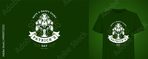 Saint Patricks Day greeting template with beautiful woman holding beer mugs. Vintage t-shirt print design. Irish holiday retro badge vector illustration for festive celebration, pub bar party