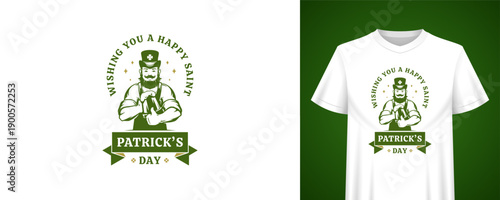 Saint Patricks day greeting template with leprechaun. Vintage t-shirt print design. Irish holiday retro badge vector illustration for festive celebration, beer party, pub bar, lucky decor