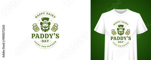 Saint Paddys Day greeting template with leprechaun. Vintage t-shirt print design. Irish holiday retro badge vector illustration for festive celebration, beer party, pub bar, lucky decor