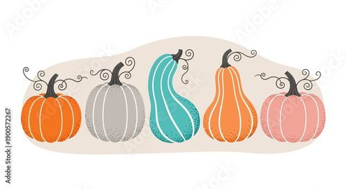 Five colorful stylized pumpkins and gourds with curly stems and tendrils, arranged in a row on a light background, vector illustration.