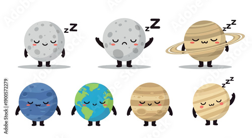 Sleeping planets and moons cartoon characters