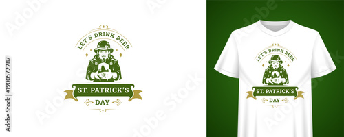 Saint Patricks Day greeting template with man drinking beer. Vintage t-shirt print design. Irish holiday retro badge vector illustration for festive celebration, pub bar, lucky decor