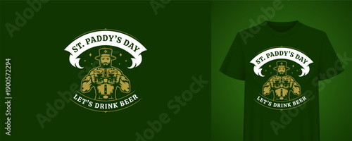 Saint Patricks Day greeting template with strong man holding beer mugs. Vintage t-shirt print design. Irish holiday retro badge vector illustration for festive celebration, pub bar, alcohol party