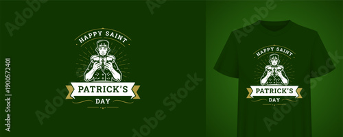 Saint Patricks Day greeting with leprechaun holding broken beer mug. T-shirt print template. Irish holiday vintage badge vector illustration for festive celebration and pub party