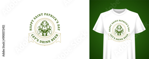 Saint Patricks Day greeting with beautiful girl holding beer mugs. T-shirt print template. Irish holiday vintage badge vector illustration for festive celebration and pub party