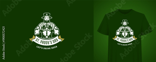 Saint Patricks Day greeting with strong leprechaun and beer mugs. Let's drink beer. T-shirt print template. Irish holiday vintage badge vector illustration for festive pub party