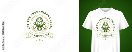 Saint Patricks Day greeting with beautiful girl and beer mugs. Let the shenanigans begin. T-shirt print template. Irish holiday vintage badge vector illustration for festive pub party