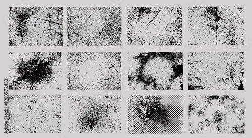 Collection of diverse abstract dark grunge textures, providing versatile distressed backgrounds and overlay effects for various graphic design projects, creating an aged and worn aesthetic