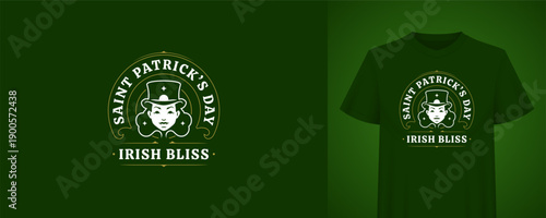 Saint Patricks Day greeting with woman leprechaun. Irish bliss. T-shirt print template. Irish holiday vintage badge vector illustration for festive party celebration