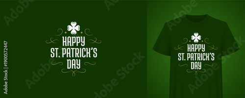 Happy Saint Patricks Day greeting with clover. Irish holiday typography design. T-shirt print template. Vintage retro festive badge vector illustration for party celebration