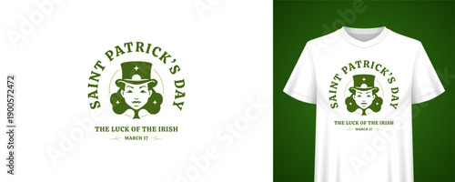Saint Patricks Day festive design with girl leprechaun. The luck of the Irish quote. T-shirt print template. Vintage holiday retro badge vector illustration for party celebration