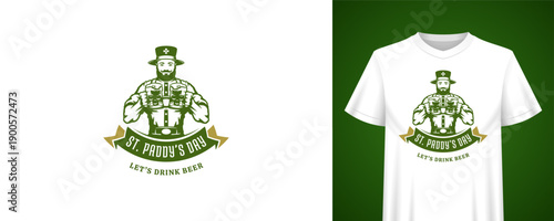 Saint Patricks Day greeting with strong leprechaun and beer mugs. Let's drink beer. T-shirt print template. Irish holiday vintage badge vector illustration for festive pub party