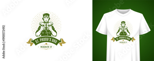 Saint Paddy's Day festive design with man in leprechaun costume. March 17 holiday celebration. T-shirt print template. Vintage retro badge vector illustration for Irish party event