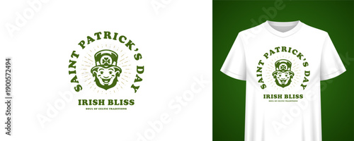 Saint Patricks Day festive design with smiling leprechaun character. Irish Bliss quote. T-shirt print template. Vintage holiday retro badge vector illustration for party celebration