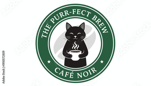 A circular logo featuring a cute black cat holding a steaming coffee cup, with text 'THE PURR-FECT BREW' and 'CAFÉ NOIR' on a green border, and a subtle coffee bean background.