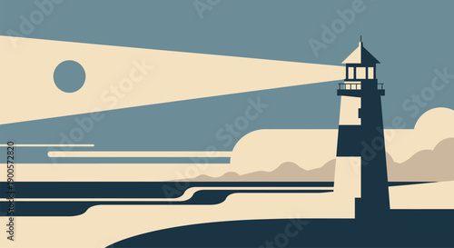 A serene lighthouse standing tall by the seaside under a calm sky.