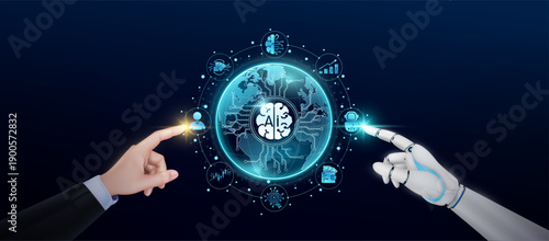 Businessman finger and robot touch the person cyborg. Ai brain in transparent globe business finance icons surrounded. AI technology plays a crucial role in shaping businesses of the future. Vector.
