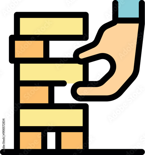 Hand removing a block from a stacked tower game