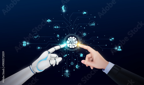 Businessman finger and robot touch the person cyborg. Ai brain business finance icons surrounded. AI technology plays a crucial role in shaping businesses of the future. Vector.