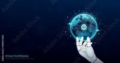 Ai brain in transparent world on businessman robot hand. AI technology plays a crucial role in shaping  business finance of the future. Banner with empty space for text. Vector EPS10.