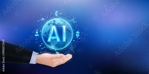 Ai in transparent world on hand businessman. Business finance icons surrounded. Artificial Intelligence technology plays a crucial role in shaping businesses of the future. Vector EPS10.