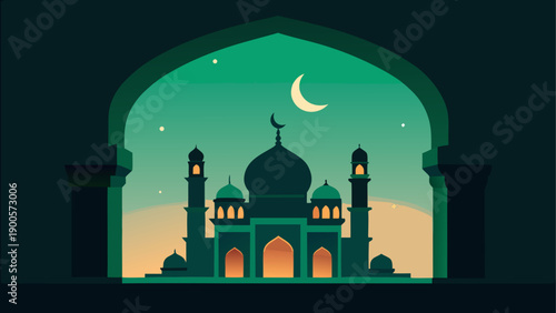 Minimalist mosque silhouette with crescent moon