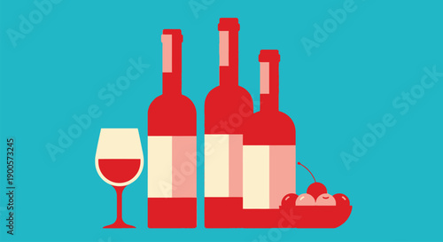A graphic illustration of wine bottles and a glass on a blue background.