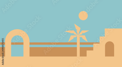 A serene desert landscape with a simple architectural structure and palm tree.