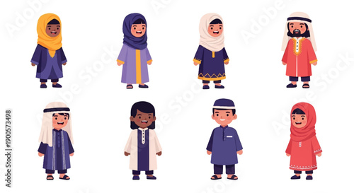 Diverse children in traditional Middle Eastern clothing