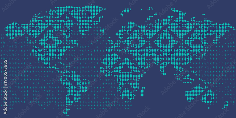 Fototapeta premium A digital world map constructed from numerous small teal colored squares
