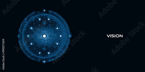 Abstract blue sphere with glowing points and the word vision