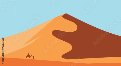 A camel standing alone in the vast desert landscape under a clear blue sky.