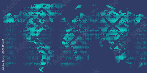 A digital world map constructed from numerous small teal colored squares