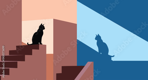 A black cat sits on stairs and another is illuminated by a spotlight in a contrasting environment.