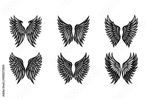Collection of Six Stylized Black and White Angel Wing Featuring Intricate Feather Details and Varied Shapes Arranged in Two Rows on a White Background for