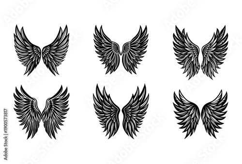 Collection of Six Stylized Black and White Angel Wing Featuring Intricate Feather Details and Varied Shapes Arranged in Two Rows on a White Background for
