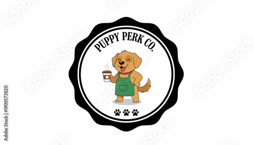 A charming logo for Puppy Perk Co. featuring a happy golden retriever dog wearing a green barista apron and holding a steaming coffee cup, set within a circular badge with paw prints.