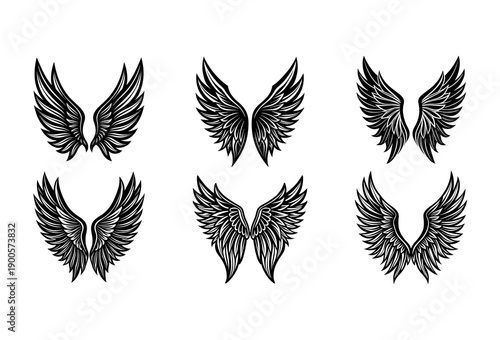 Collection of Six Ornate Black and White Angel Wing Featuring Detailed Feather Textures and Stylized Arranged in Two Rows of Three Against a White Background Tattoos or Emblems