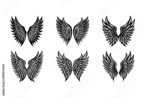 Collection of Six Stylized Black and White Angel Wing Featuring Intricate Feather Details and Varied Shapes Arranged in Two Rows on a White Background for