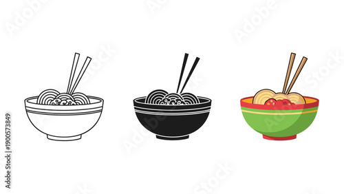 Three bowls of noodles with chopsticks Vector