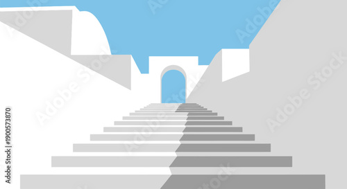 A minimalist illustration of a staircase leading to an arched doorway.