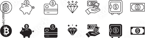 Financial icons set with money and cryptocurrency symbols  isolated on white background