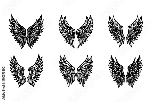 Six distinct black and white of feathered angel wings arranged in two rows of three, each pair showcasing unique feather patterns and wing shapes, presented on a clean white background, emblem or
