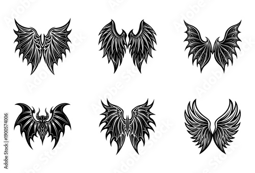 Collection of Six Stylized Black Wing Featuring Diverse from Angelic to Demonic with Sharp Edges and Feathered Details on a White Background for Projects