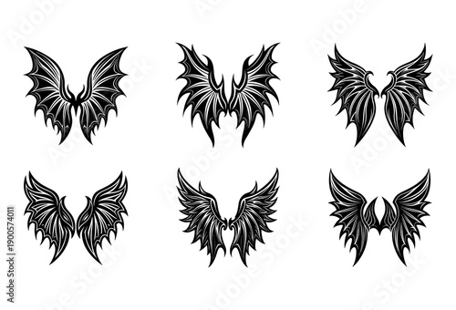 Group of Six Black Wing in Diverse Fantasy and Gothic Styles Featuring Feathered and Spiky on a White Isolated Background for Applications