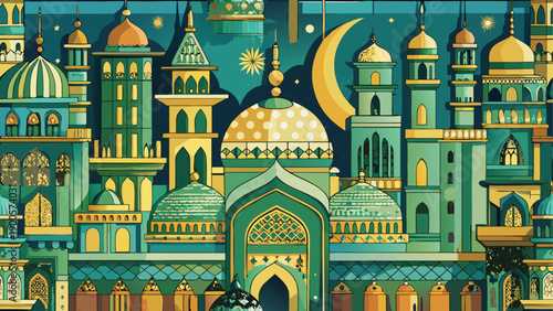 Vibrant islamic architecture vector illustration with mosques and minarets