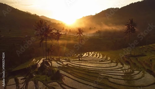 Golden sunrise illuminates terraced rice paddies and misty mountains