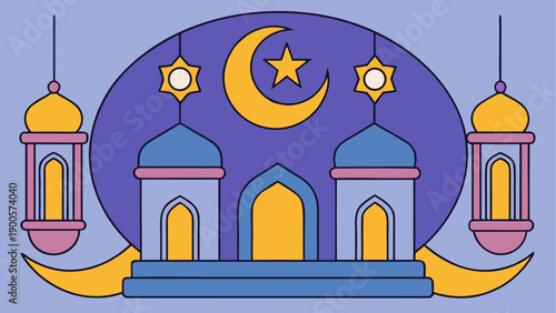 Vibrant cartoon mosque with crescent moon and stars