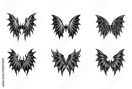 Collection of Six Black Wing in Diverse Fantasy and Gothic Styles Including Demonic and Angelic with Detailed Feather Textures on a White Isolated Background